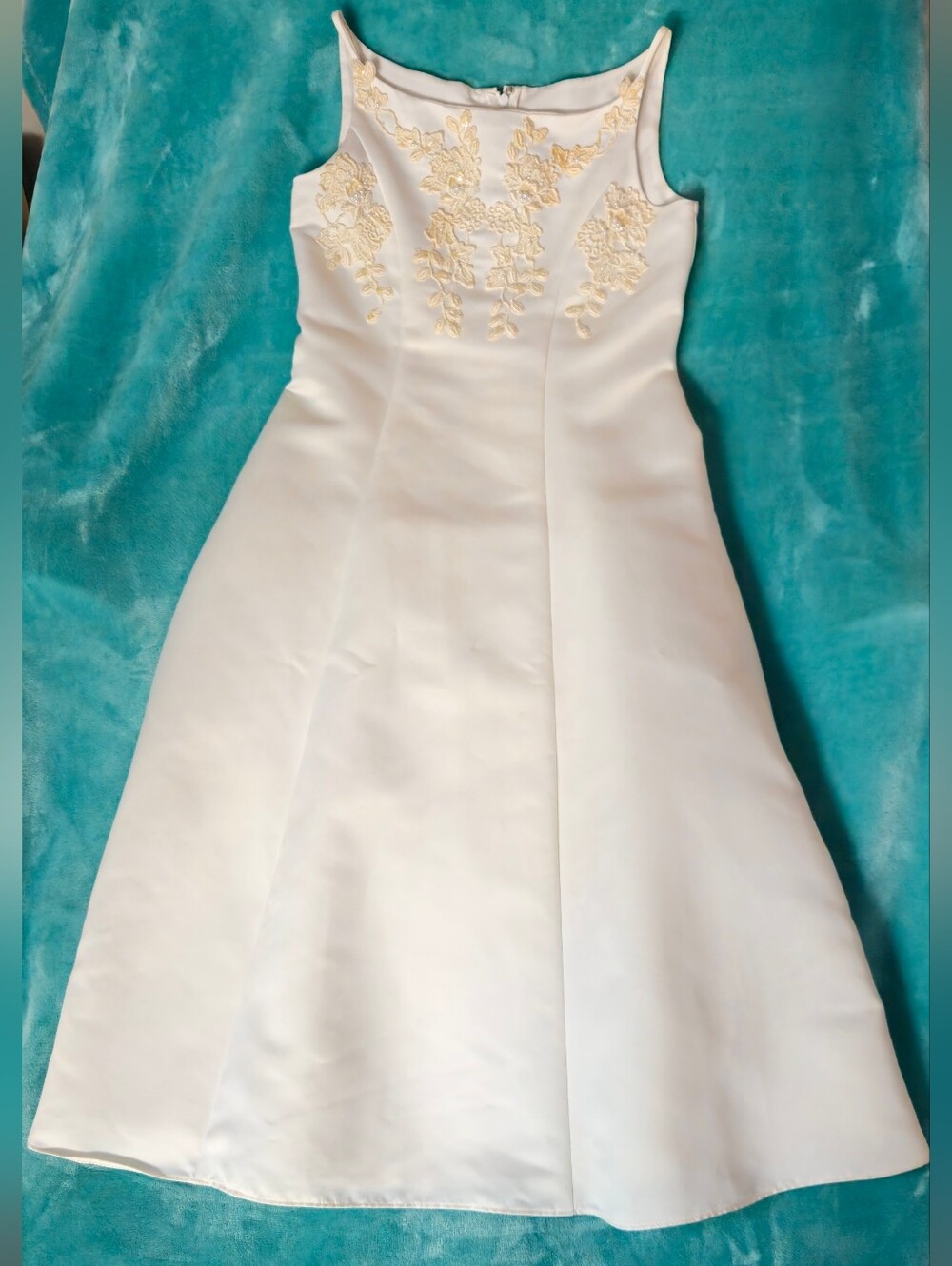 Oleg Cassini Ivory A-Line Satin Dress with Gold Floral Appliqué - Size 10